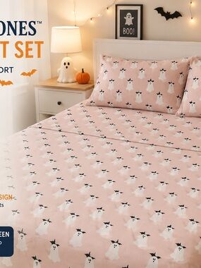 Ghost Print Pink Bed Sheet Set skull &  bones full size
